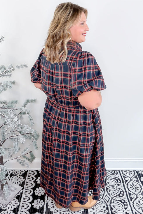 Plaid V Neck Belted Waist Short Sleeve Maxi Dress