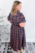 Plaid V Neck Belted Waist Short Sleeve Maxi Dress
