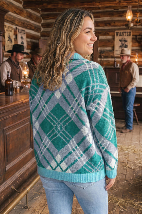 Plaid V Neck Long Sleeve Shift Cardigan