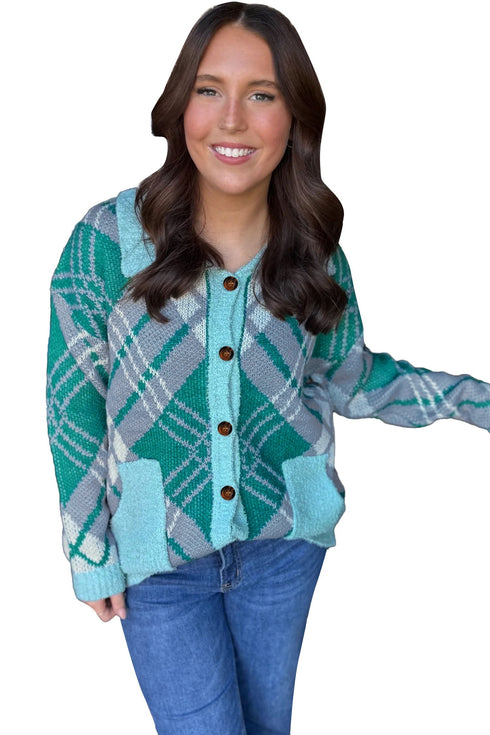 Plaid V Neck Long Sleeve Shift Cardigan