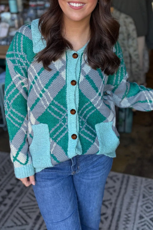 Plaid V Neck Long Sleeve Shift Cardigan
