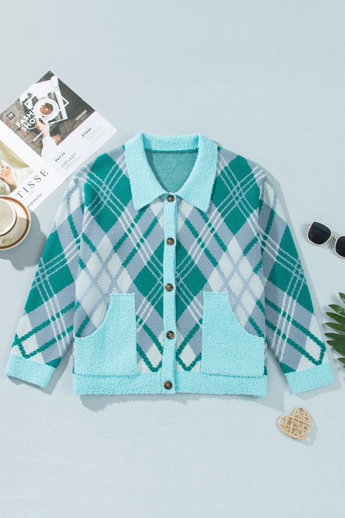 Plaid V Neck Long Sleeve Shift Cardigan