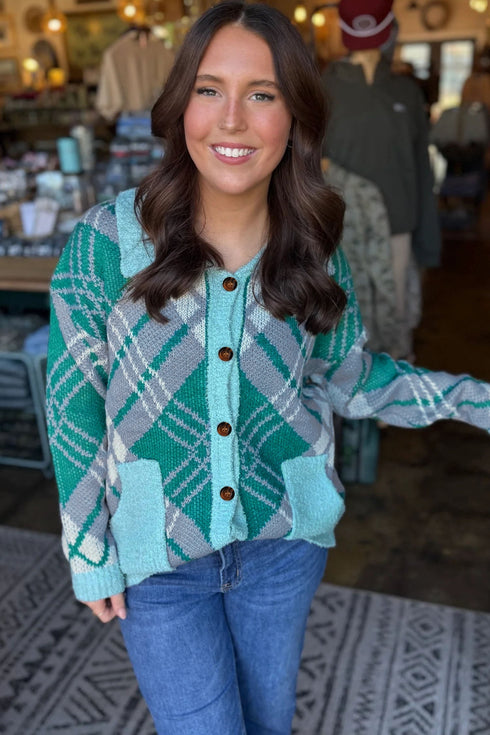 Plaid V Neck Long Sleeve Shift Cardigan