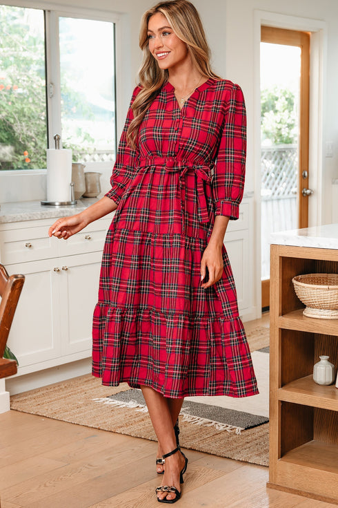 Plaid V Neck Ruffle Hem Tie Waist Maxi Dress