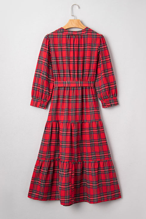 Plaid V Neck Ruffle Hem Tie Waist Maxi Dress
