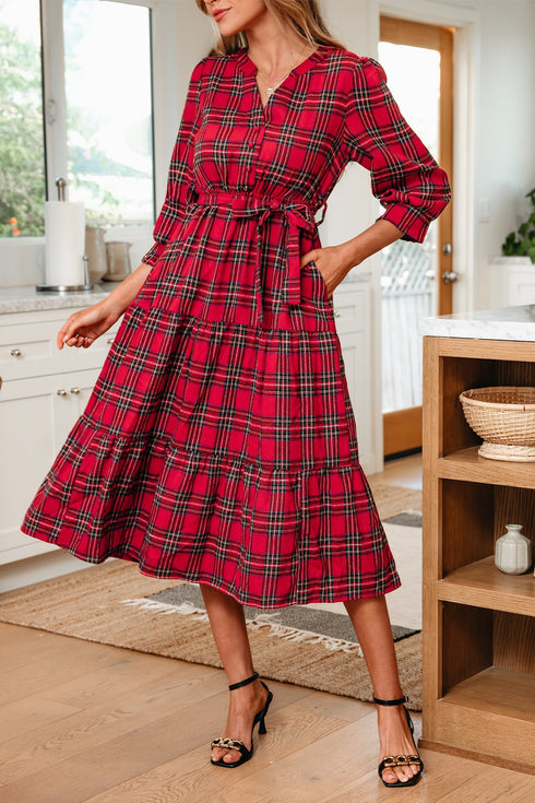 Plaid V Neck Ruffle Hem Tie Waist Maxi Dress