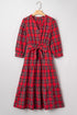 Plaid V Neck Ruffle Hem Tie Waist Maxi Dress