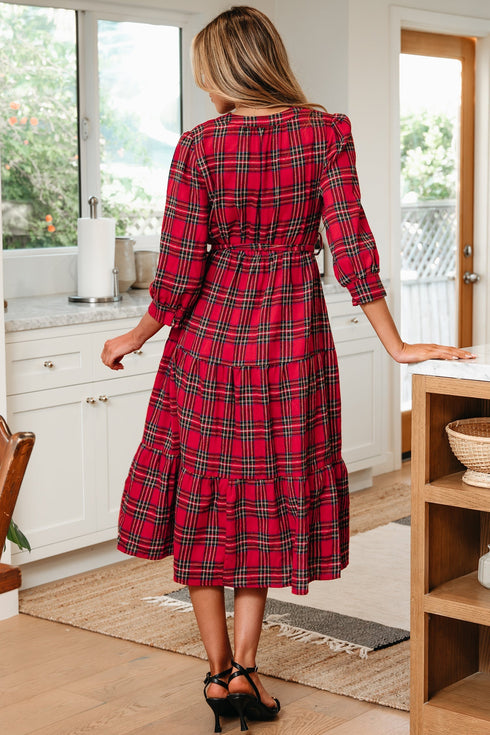 Plaid V Neck Ruffle Hem Tie Waist Maxi Dress