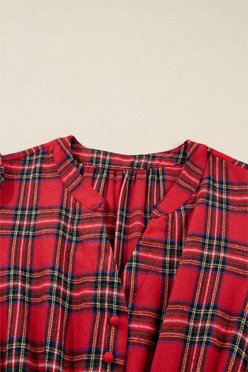 Plaid V Neck Ruffle Hem Tie Waist Maxi Dress