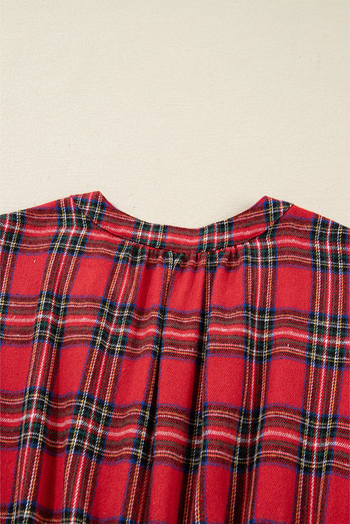 Plaid V Neck Ruffle Hem Tie Waist Maxi Dress