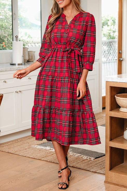 Plaid V Neck Ruffle Hem Tie Waist Maxi Dress