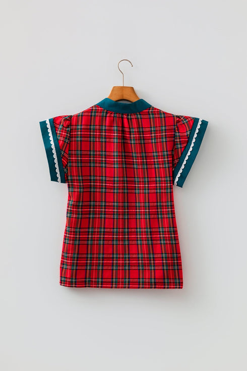 Plaid V Neck Short Sleeve Shift Silhouette Blouse