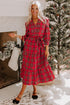 Plaid V Neck Tie Waist Ruffle Maxi Dress