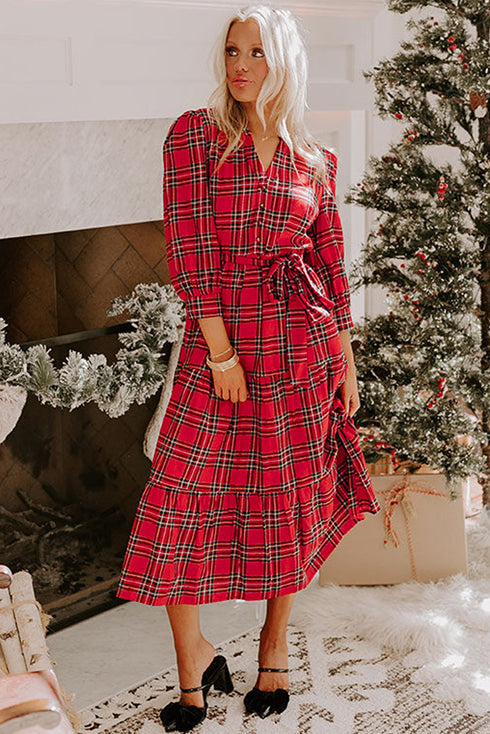 Plaid V Neck Tie Waist Ruffle Maxi Dress