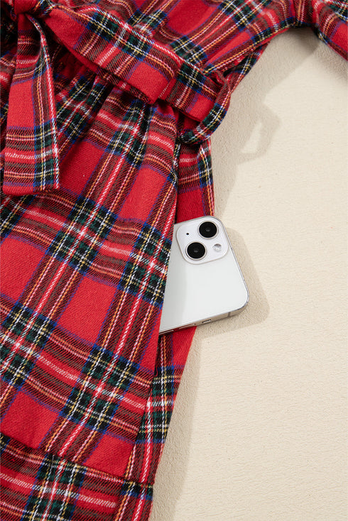 Plaid V Neck Tie Waist Ruffle Maxi Dress