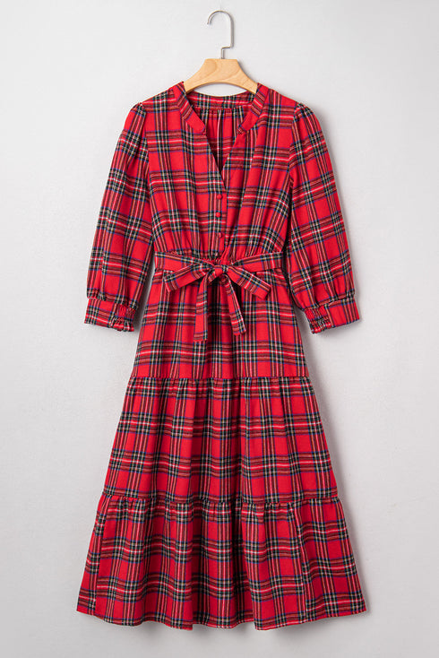 Plaid V Neck Tie Waist Ruffle Maxi Dress