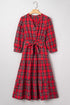 Plaid V Neck Tie Waist Ruffle Maxi Dress