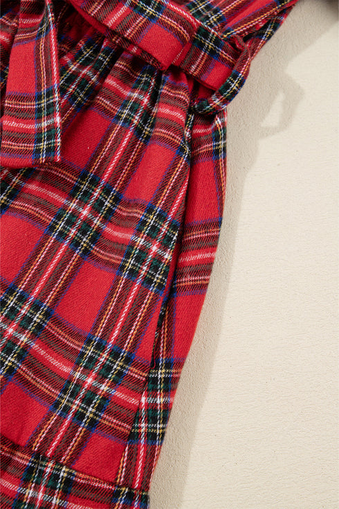 Plaid V Neck Tie Waist Ruffle Maxi Dress