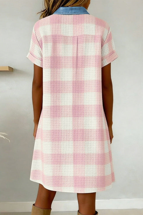 Plaid Waffle Knit Buttoned Denim Collar T Shirt Dress