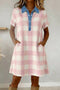 Plaid Waffle Knit Buttoned Denim Collar T Shirt Dress