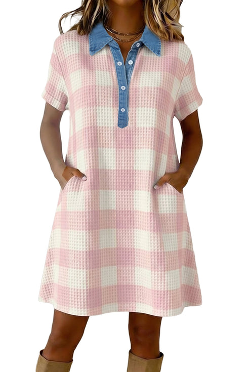 Plaid Waffle Knit Buttoned Denim Collar T Shirt Dress
