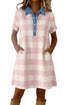 Plaid Waffle Knit Buttoned Denim Collar T Shirt Dress