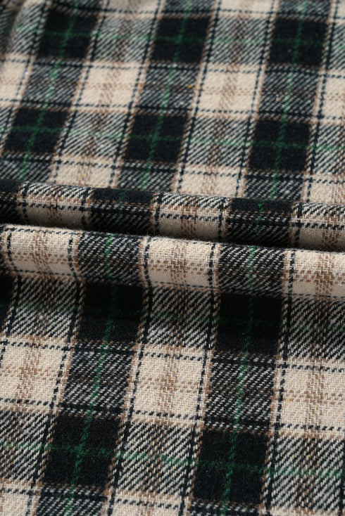 Plaid Waffle Knit Patchwork Collared V Neck Mini Dress