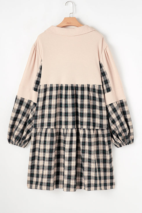 Plaid Waffle Knit Patchwork Collared V Neck Mini Dress