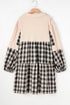 Plaid Waffle Knit Patchwork Collared V Neck Mini Dress