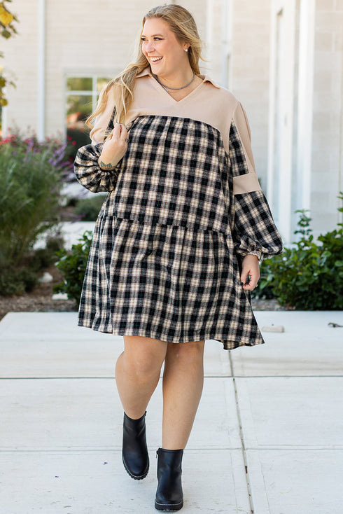Plaid Waffle Knit Patchwork Collared V Neck Mini Dress