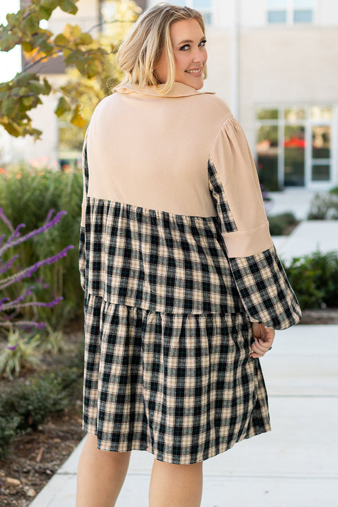 Plaid Waffle Knit Patchwork Collared V Neck Mini Dress