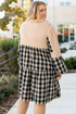 Plaid Waffle Knit Patchwork Collared V Neck Mini Dress