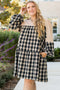 Plaid Waffle Knit Patchwork Collared V Neck Mini Dress