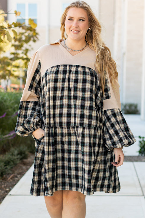 Plaid Waffle Knit Patchwork Collared V Neck Mini Dress