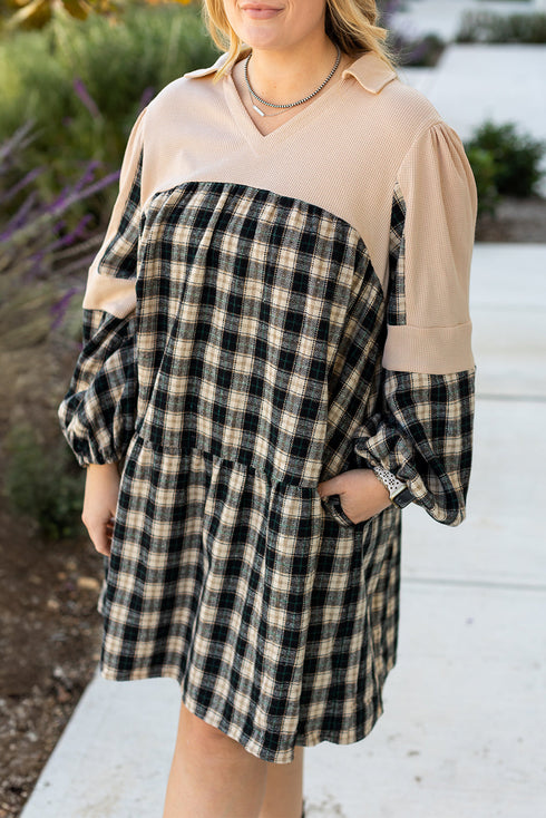 Plaid Waffle Knit Patchwork Collared V Neck Mini Dress