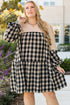 Plaid Waffle Knit Patchwork Collared V Neck Mini Dress