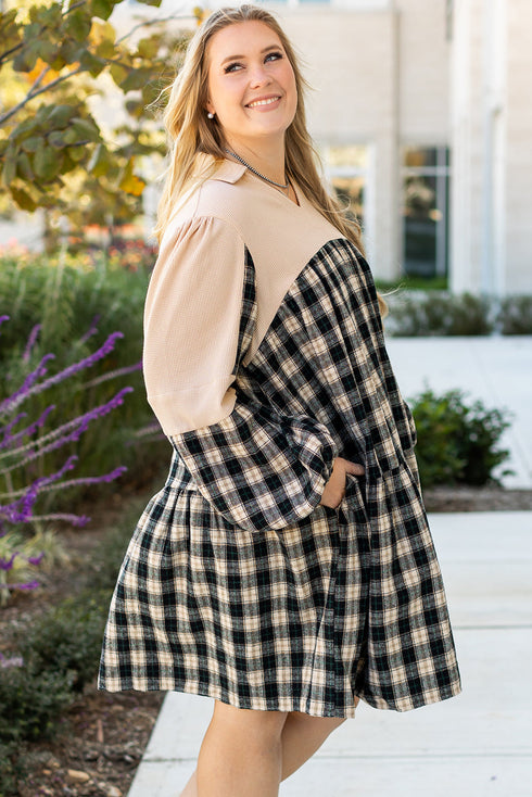 Plaid Waffle Knit Patchwork Collared V Neck Mini Dress