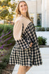 Plaid Waffle Knit Patchwork Collared V Neck Mini Dress