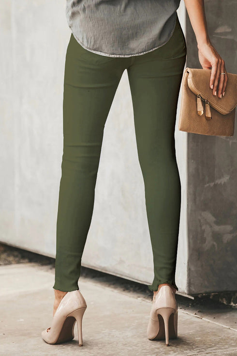 Plain High Waist Buttons Frayed Cropped Denim Jeans