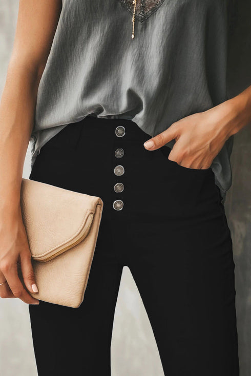 Plain High Waist Buttons Frayed Cropped Denim Jeans