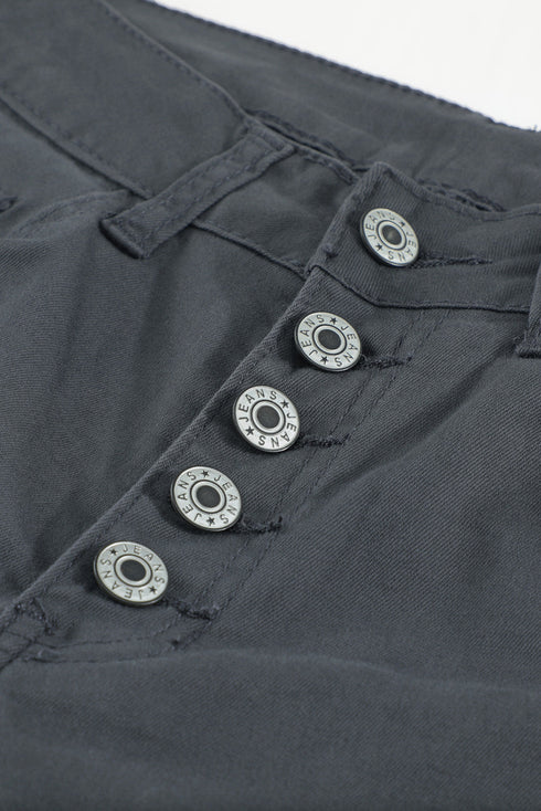 Plain High Waist Buttons Frayed Cropped Denim Jeans
