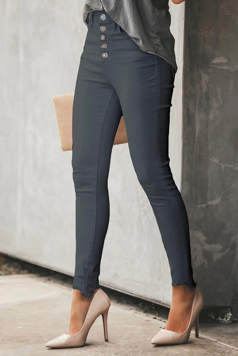 Plain High Waist Buttons Frayed Cropped Denim Jeans