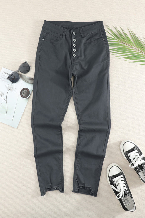 Plain High Waist Buttons Frayed Cropped Denim Jeans