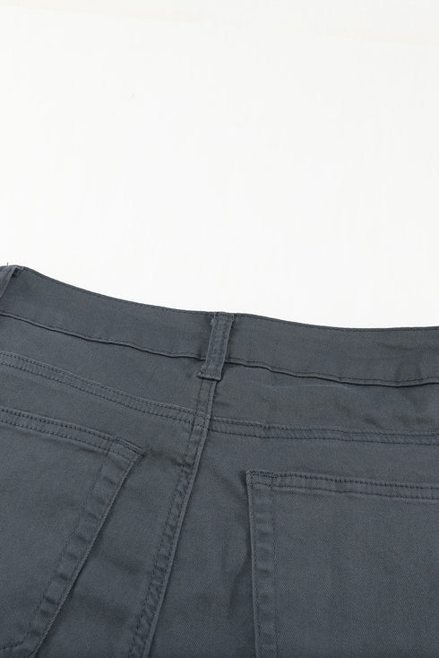 Plain High Waist Buttons Frayed Cropped Denim Jeans