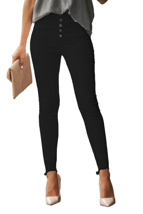 Plain High Waist Buttons Frayed Cropped Denim Jeans