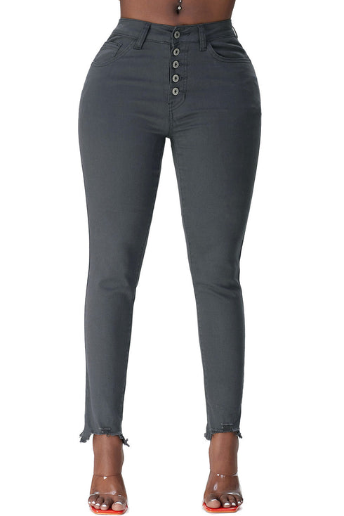 Plain High Waist Buttons Frayed Cropped Denim Jeans