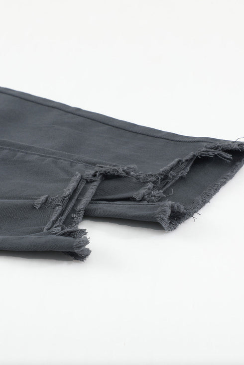 Plain High Waist Buttons Frayed Cropped Denim Jeans