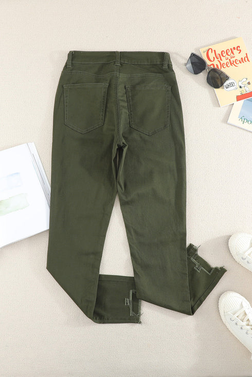 Plain High Waist Buttons Frayed Cropped Denim Jeans