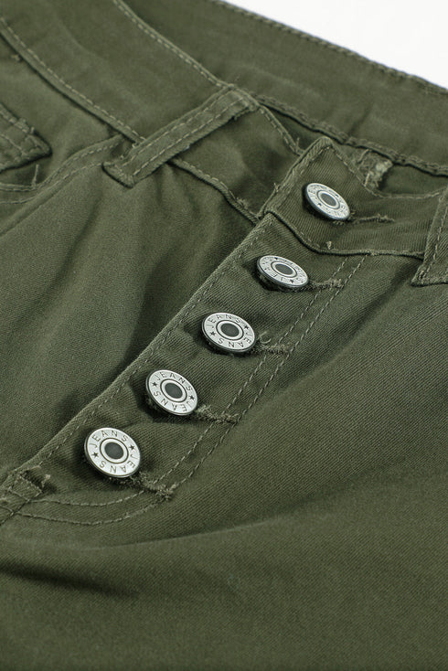 Plain High Waist Buttons Frayed Cropped Denim Jeans