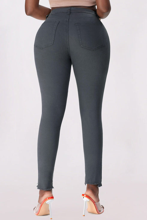 Plain High Waist Buttons Frayed Cropped Denim Jeans